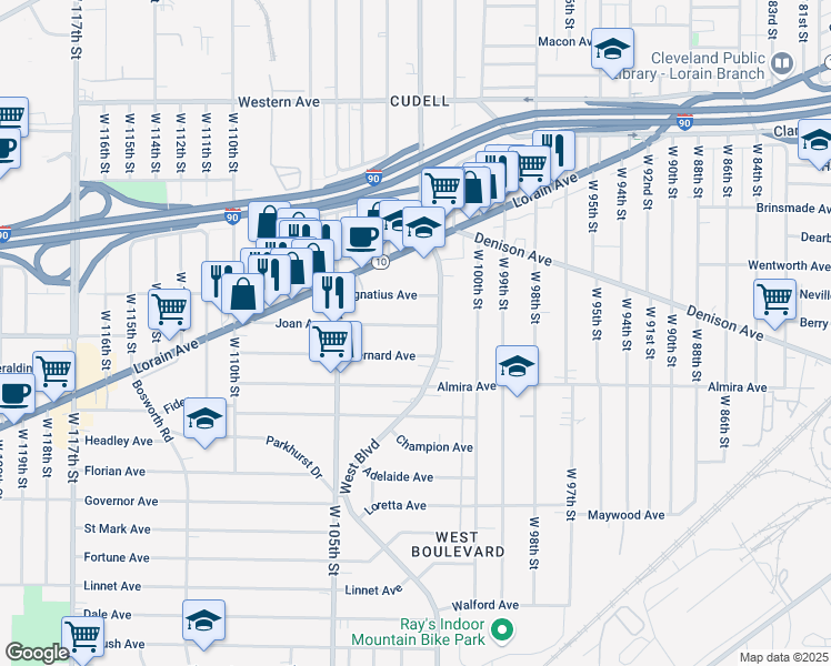 map of restaurants, bars, coffee shops, grocery stores, and more near 10227 Bernard Avenue in Cleveland