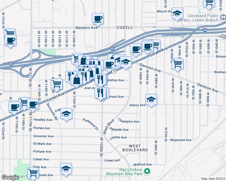 map of restaurants, bars, coffee shops, grocery stores, and more near 10331 Bernard Avenue in Cleveland
