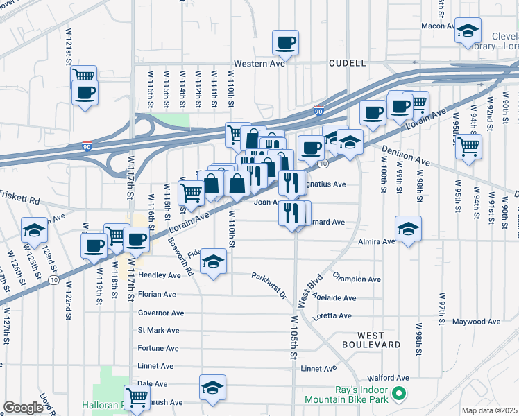 map of restaurants, bars, coffee shops, grocery stores, and more near 10707 Bernard Avenue in Cleveland