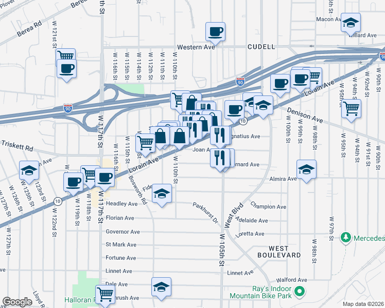 map of restaurants, bars, coffee shops, grocery stores, and more near 10905 Bernard Avenue in Cleveland