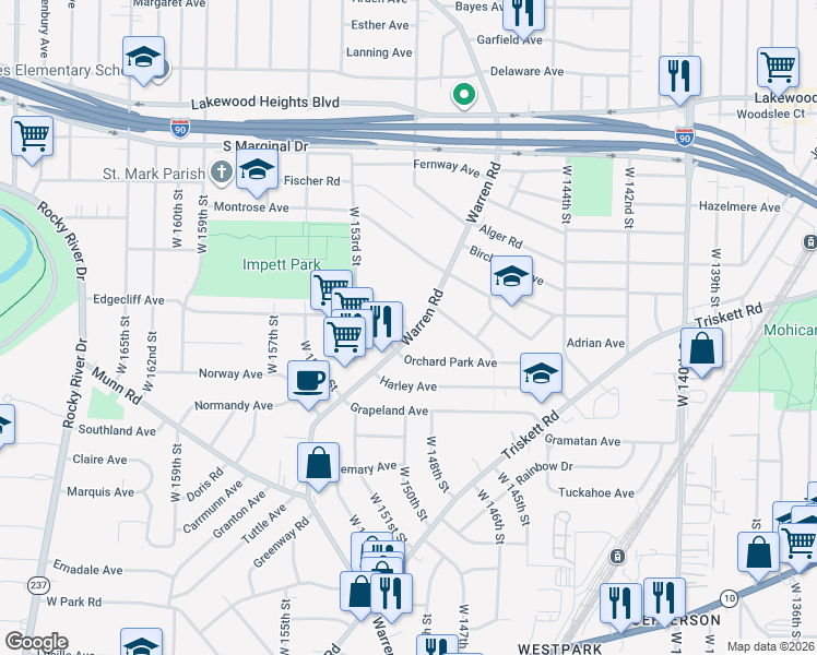 map of restaurants, bars, coffee shops, grocery stores, and more near 3293 Warren Road in Cleveland