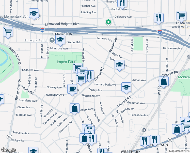 map of restaurants, bars, coffee shops, grocery stores, and more near 3293 Warren Road in Cleveland