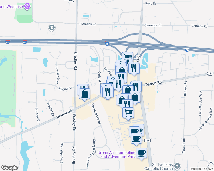 map of restaurants, bars, coffee shops, grocery stores, and more near 30239 Detroit Road in Westlake