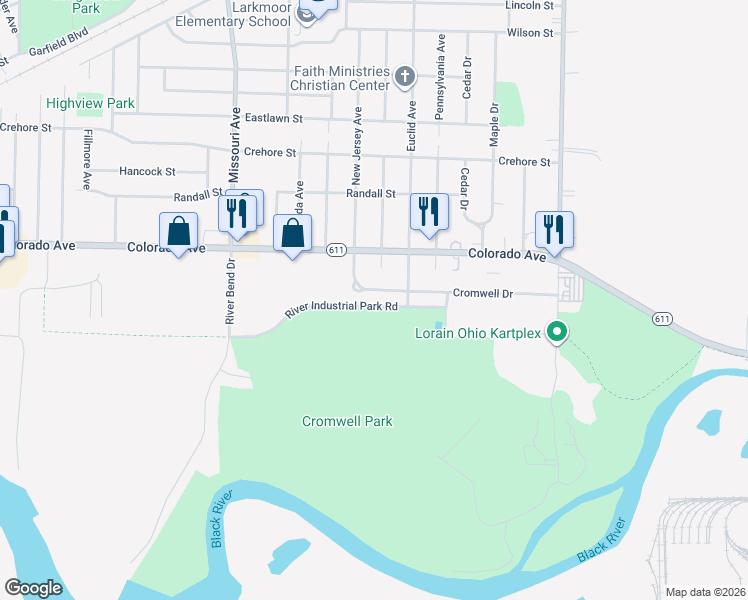 map of restaurants, bars, coffee shops, grocery stores, and more near 2902 Cromwell Drive in Lorain