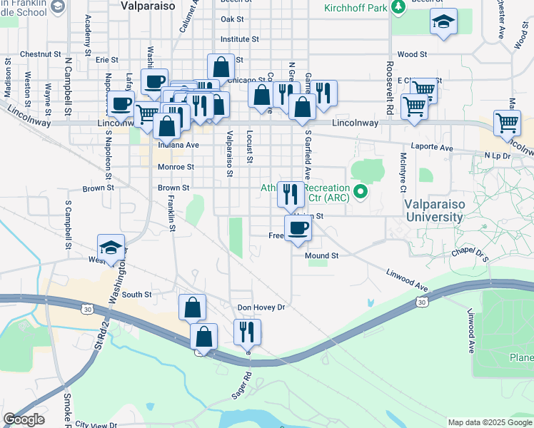 map of restaurants, bars, coffee shops, grocery stores, and more near 460 College Avenue in Valparaiso