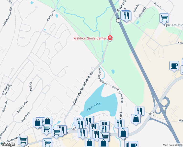 map of restaurants, bars, coffee shops, grocery stores, and more near 200 Silver Lake-Scotchtown Road in Middletown