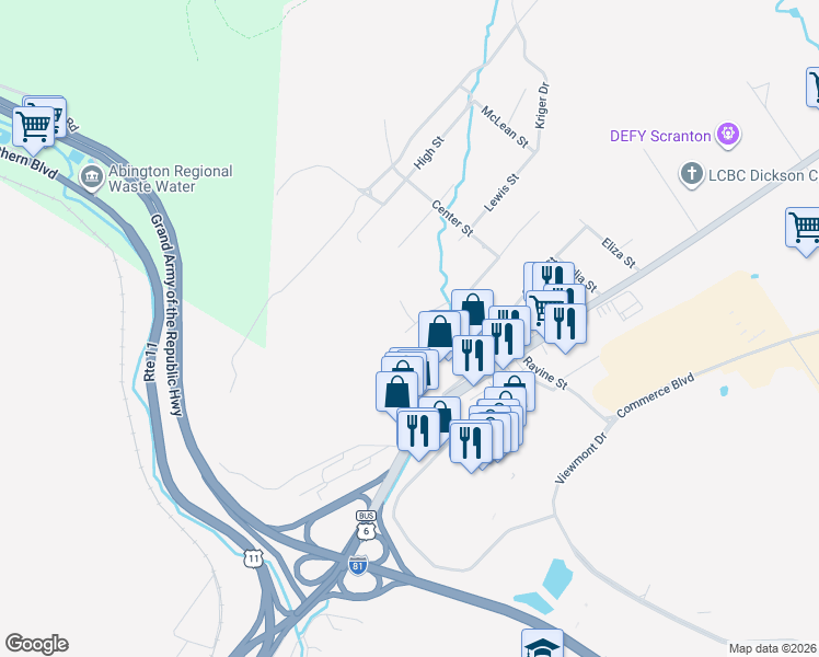 map of restaurants, bars, coffee shops, grocery stores, and more near 253 Scranton Carbondale Hwy in Scranton