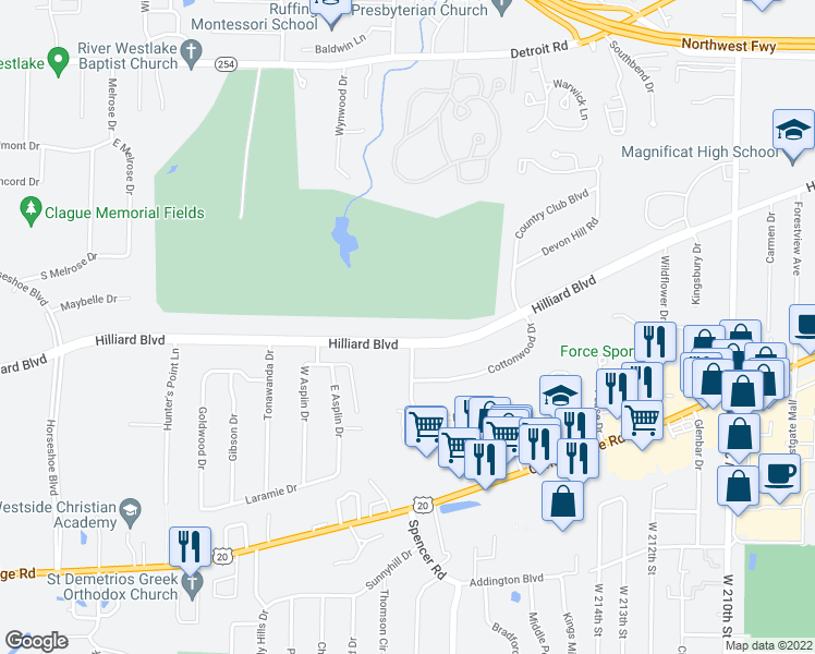 map of restaurants, bars, coffee shops, grocery stores, and more near 22220 Hilliard Boulevard in Rocky River