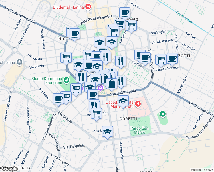 map of restaurants, bars, coffee shops, grocery stores, and more near 238 Corso della Repubblica in Latina