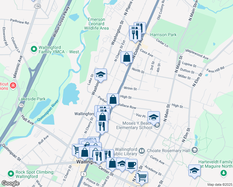 map of restaurants, bars, coffee shops, grocery stores, and more near 361 North Colony Road in Wallingford