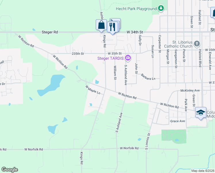 map of restaurants, bars, coffee shops, grocery stores, and more near 1613 West Richton Road in Crete