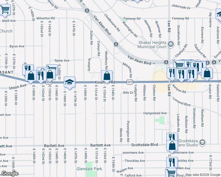 map of restaurants, bars, coffee shops, grocery stores, and more near 3551 East 154th Street in Cleveland