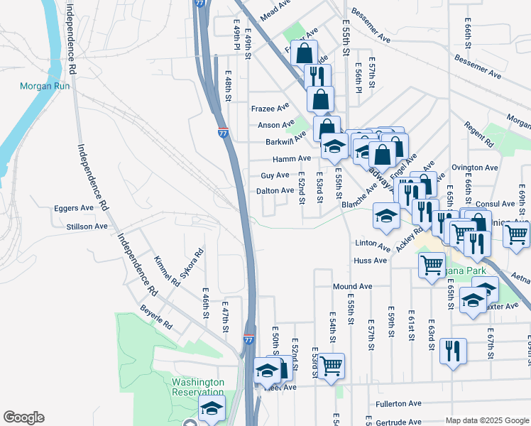 map of restaurants, bars, coffee shops, grocery stores, and more near 3469 East 50th Street in Cleveland