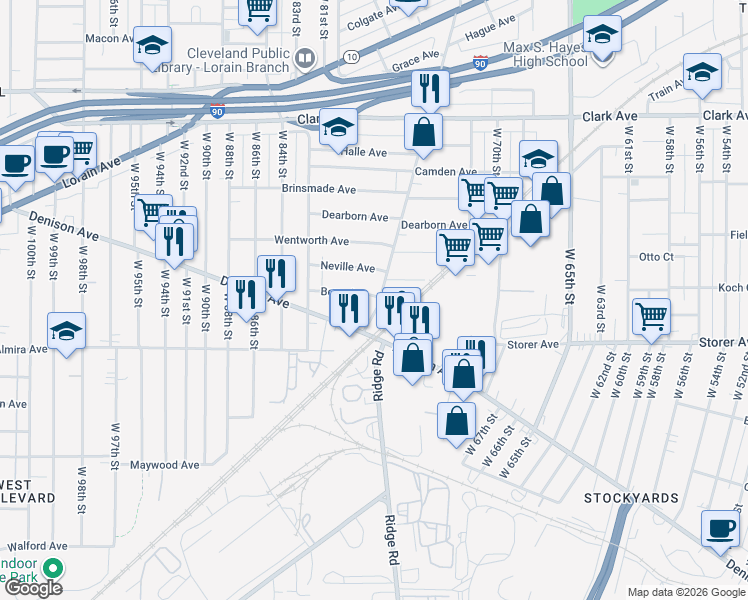 map of restaurants, bars, coffee shops, grocery stores, and more near 7305 Berry Avenue in Cleveland