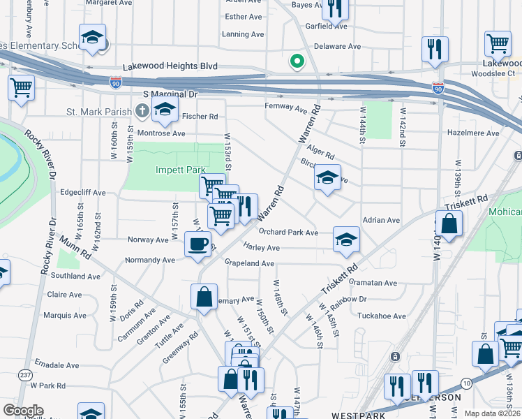 map of restaurants, bars, coffee shops, grocery stores, and more near 3293 Warren Road in Cleveland