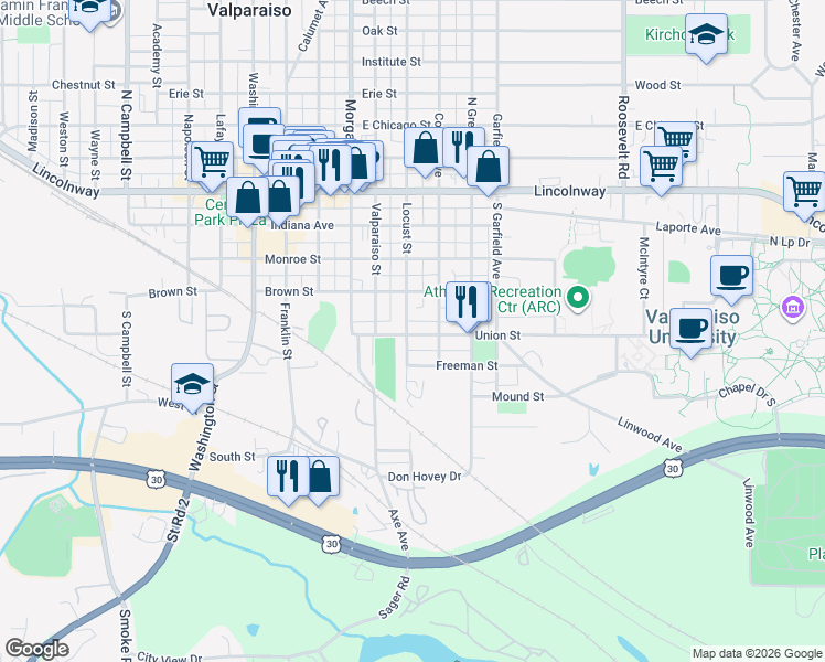 map of restaurants, bars, coffee shops, grocery stores, and more near 501 Union Street in Valparaiso