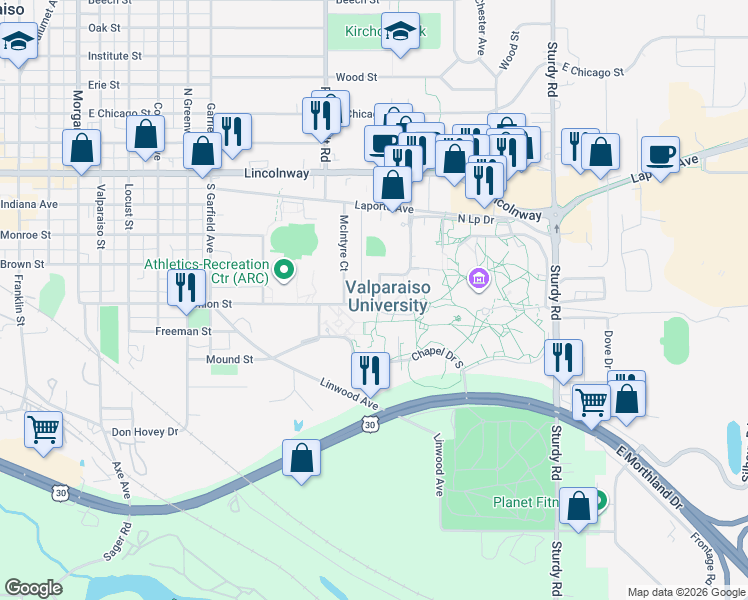 map of restaurants, bars, coffee shops, grocery stores, and more near Lot 15 in Valparaiso