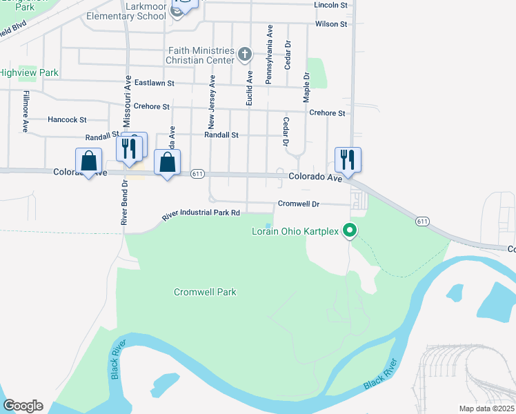 map of restaurants, bars, coffee shops, grocery stores, and more near 3030 Cromwell Drive in Lorain