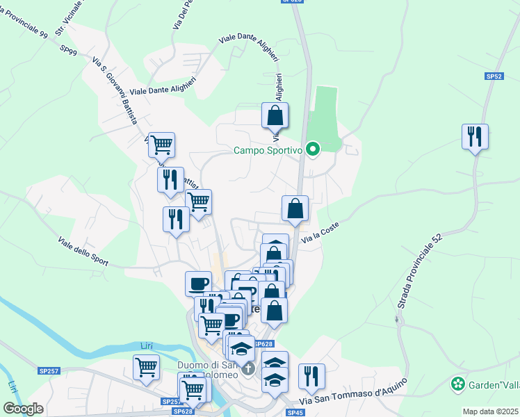 map of restaurants, bars, coffee shops, grocery stores, and more near 20 Via Saragat in Pontecorvo