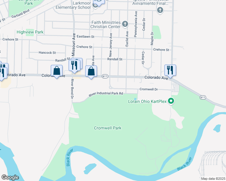 map of restaurants, bars, coffee shops, grocery stores, and more near 2812 Cromwell Drive in Lorain