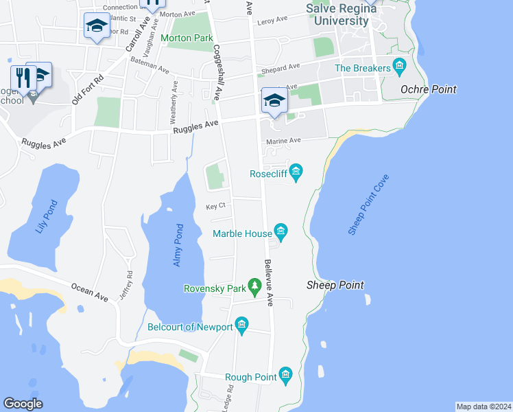 map of restaurants, bars, coffee shops, grocery stores, and more near 553 Bellevue Avenue in Newport