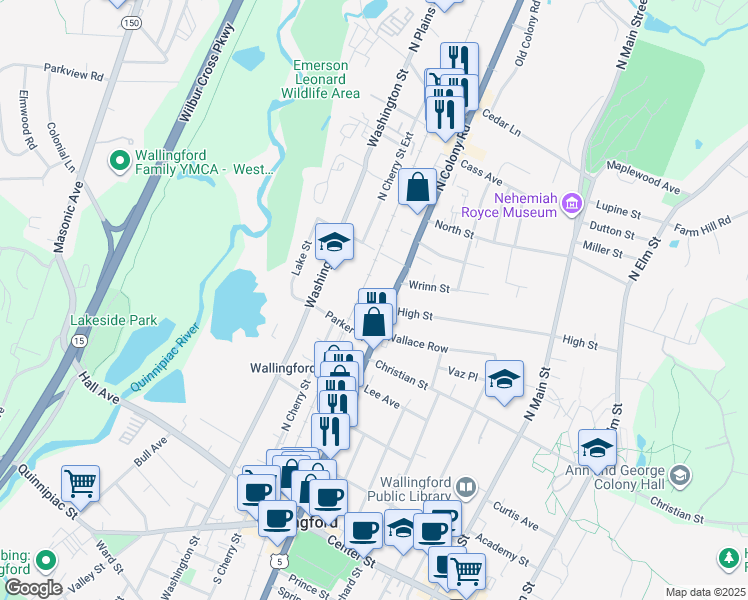 map of restaurants, bars, coffee shops, grocery stores, and more near 398 North Colony Street in Wallingford