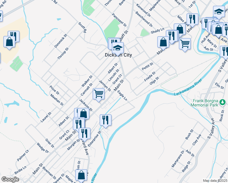 map of restaurants, bars, coffee shops, grocery stores, and more near 1013 Grant Court in Dickson City