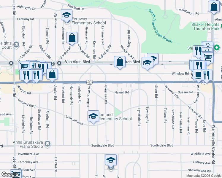 map of restaurants, bars, coffee shops, grocery stores, and more near 18402 U.S. 422 in Shaker Heights