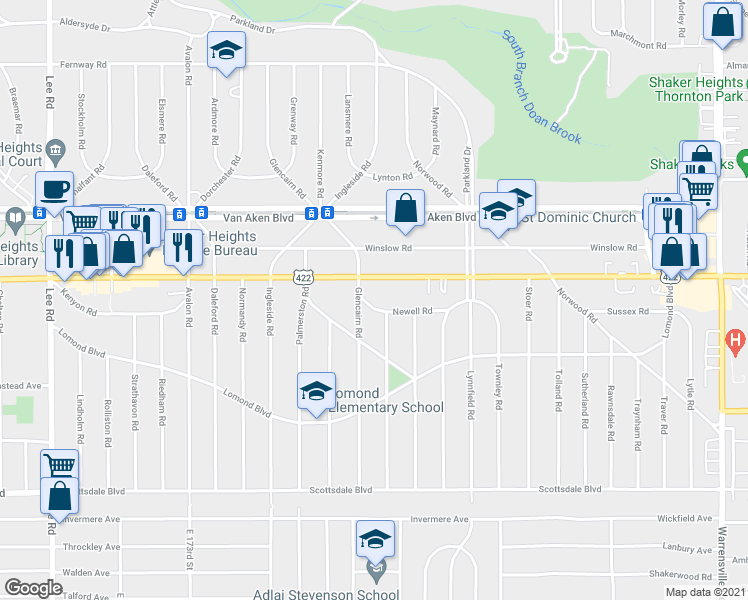 map of restaurants, bars, coffee shops, grocery stores, and more near 18402 U.S. 422 in Shaker Heights