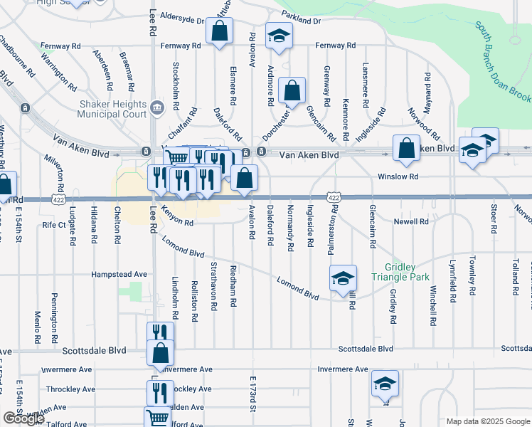 map of restaurants, bars, coffee shops, grocery stores, and more near 17321 U.S. 422 in Shaker Heights