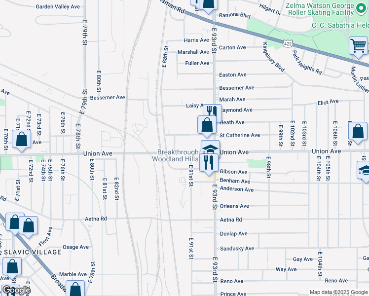 map of restaurants, bars, coffee shops, grocery stores, and more near 9000 Saint Catherine Avenue in Cleveland