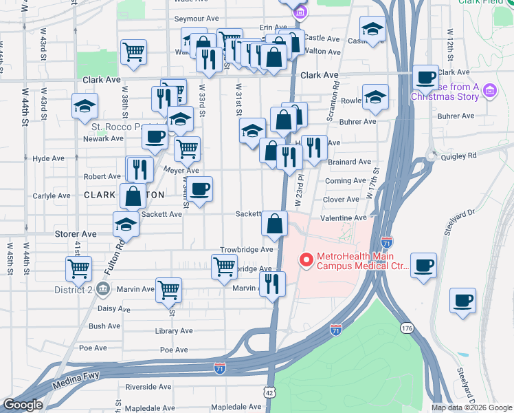 map of restaurants, bars, coffee shops, grocery stores, and more near 3292 West 30th Street in Cleveland