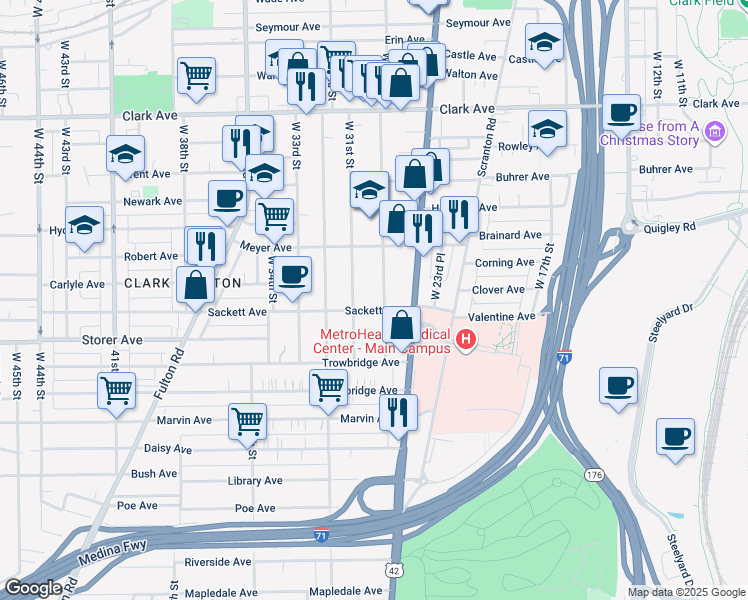 map of restaurants, bars, coffee shops, grocery stores, and more near 3292 West 30th Street in Cleveland
