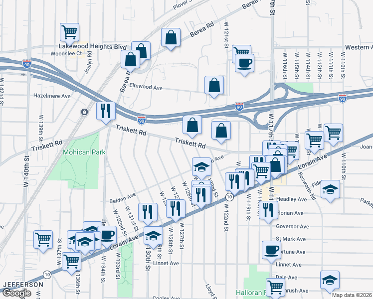 map of restaurants, bars, coffee shops, grocery stores, and more near 12250 Triskett Road in Cleveland