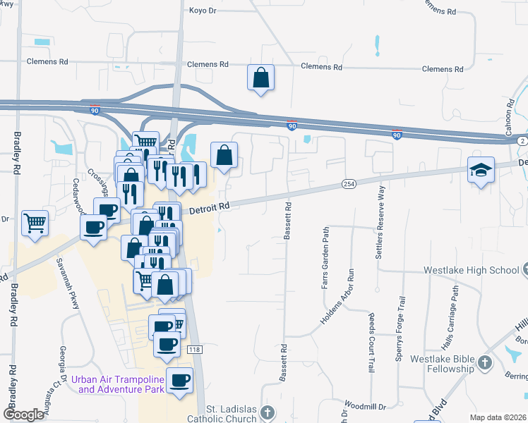 map of restaurants, bars, coffee shops, grocery stores, and more near 29338 Detroit Road in Westlake
