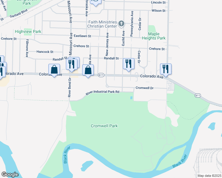 map of restaurants, bars, coffee shops, grocery stores, and more near 1732 New Mexico Avenue in Lorain