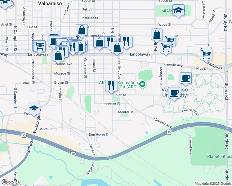 map of restaurants, bars, coffee shops, grocery stores, and more near 353 South Greenwich Street in Valparaiso