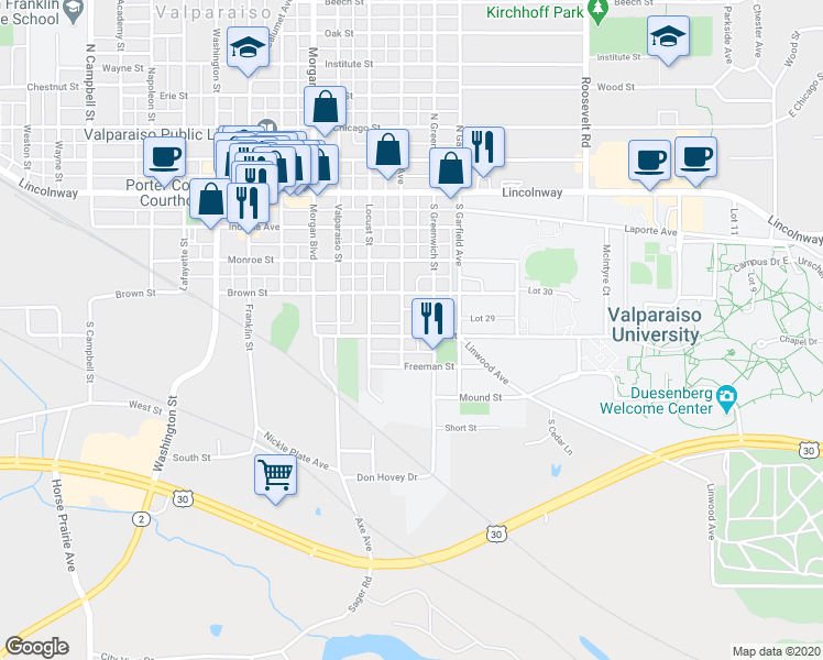 map of restaurants, bars, coffee shops, grocery stores, and more near 352-356 College Avenue in Valparaiso