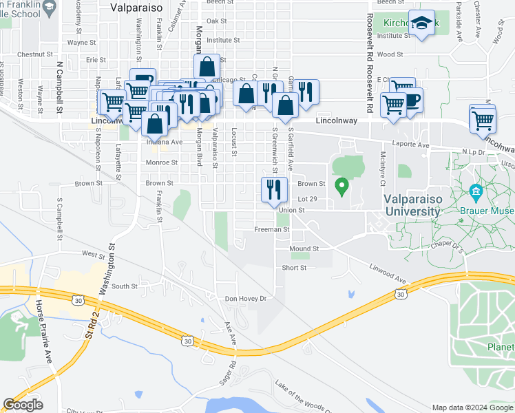 map of restaurants, bars, coffee shops, grocery stores, and more near 352-356 College Avenue in Valparaiso
