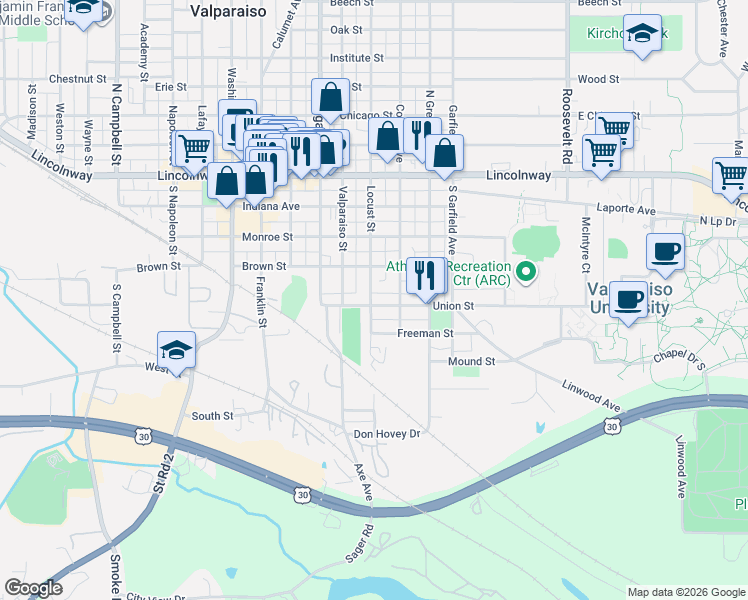map of restaurants, bars, coffee shops, grocery stores, and more near 352 Locust Street in Valparaiso