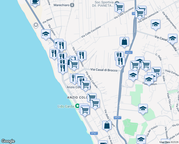 map of restaurants, bars, coffee shops, grocery stores, and more near Via Casal di Brocco in Anzio