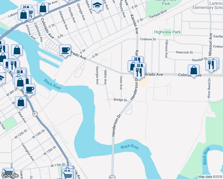 map of restaurants, bars, coffee shops, grocery stores, and more near 1039 Bridge Drive in Lorain