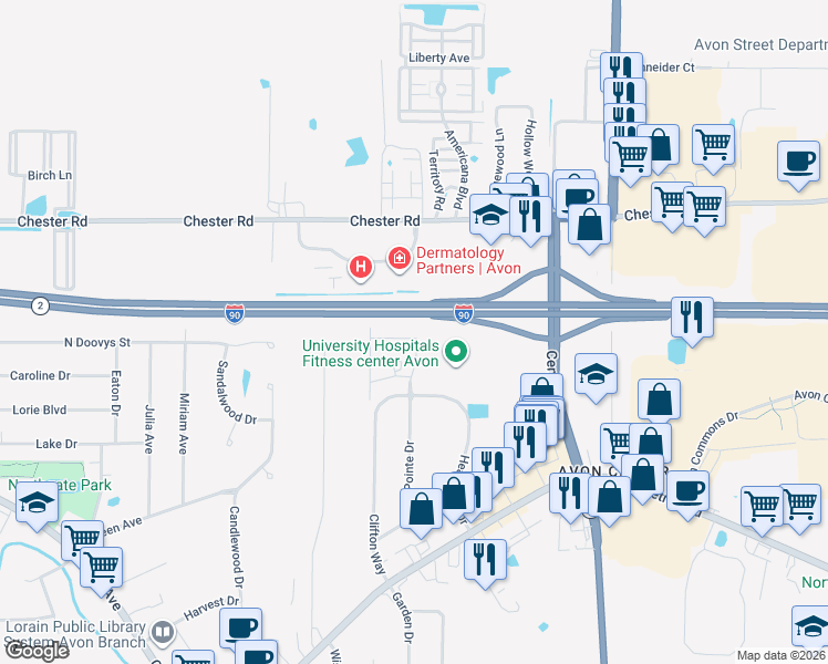 map of restaurants, bars, coffee shops, grocery stores, and more near 36398 North Reserve Circle in Avon