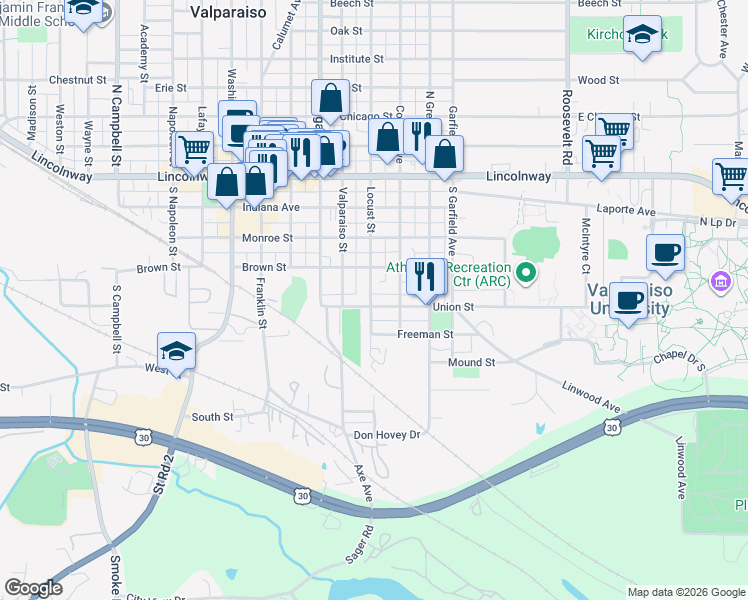 map of restaurants, bars, coffee shops, grocery stores, and more near 361 Locust Street in Valparaiso