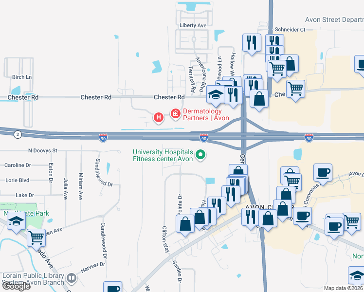 map of restaurants, bars, coffee shops, grocery stores, and more near 36398 North Reserve Circle in Avon