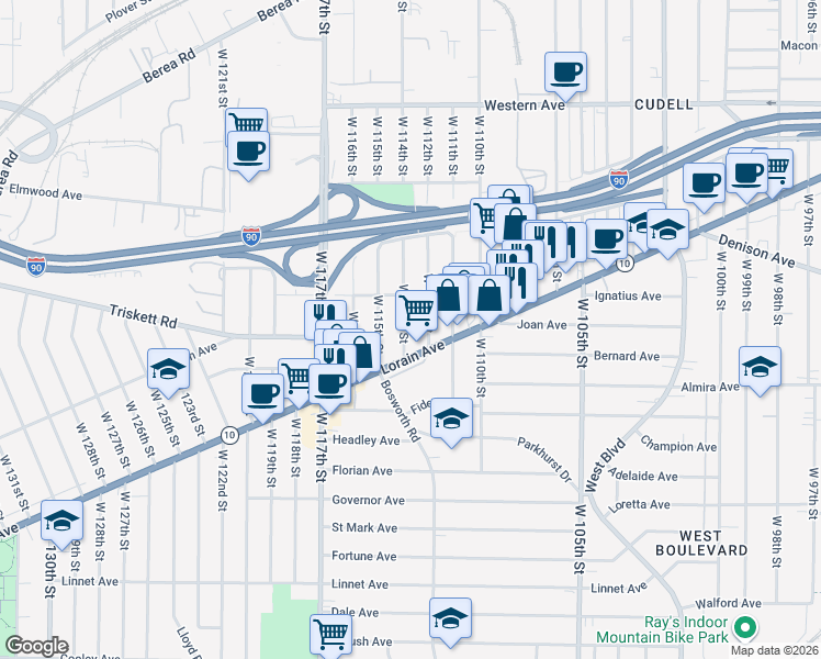 map of restaurants, bars, coffee shops, grocery stores, and more near 3251 West 114th Street in Cleveland
