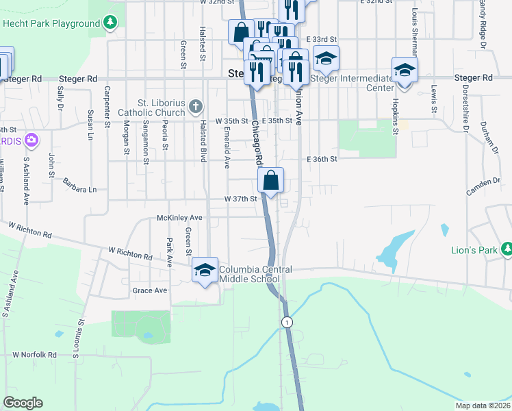 map of restaurants, bars, coffee shops, grocery stores, and more near 3706 Chicago Road in Steger