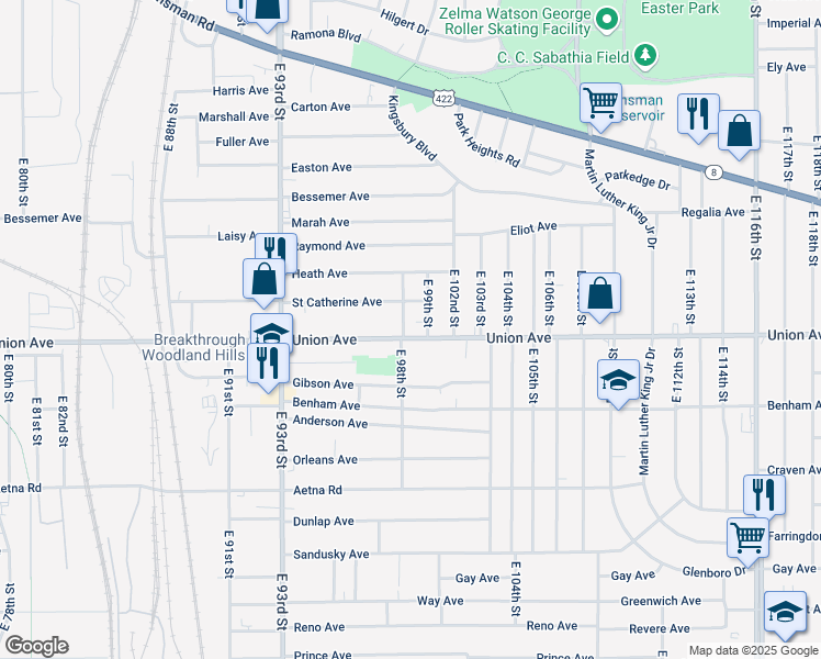 map of restaurants, bars, coffee shops, grocery stores, and more near 3495 East 98th Street in Cleveland