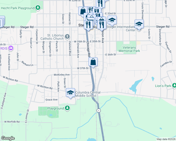 map of restaurants, bars, coffee shops, grocery stores, and more near 13 West 37th Street in Steger