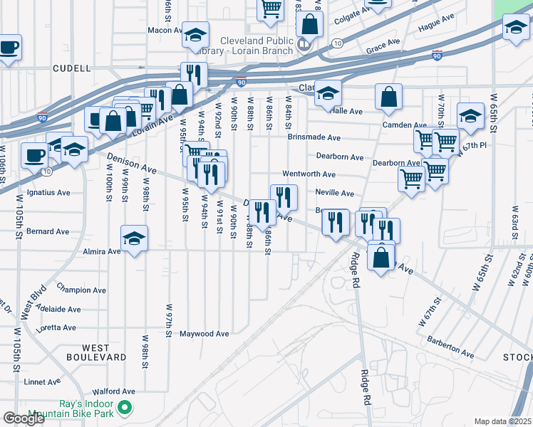 map of restaurants, bars, coffee shops, grocery stores, and more near 3280 West 86th Street in Cleveland